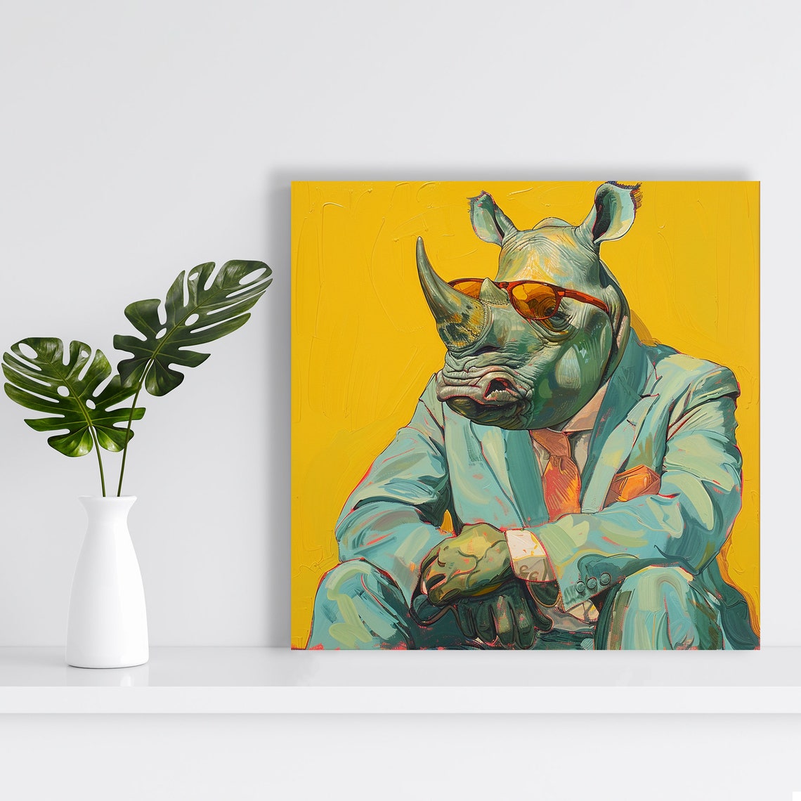 Dapper Rhino in Suit Wearing Red Sunglasses Yellow Pop Art Poster - Image 2