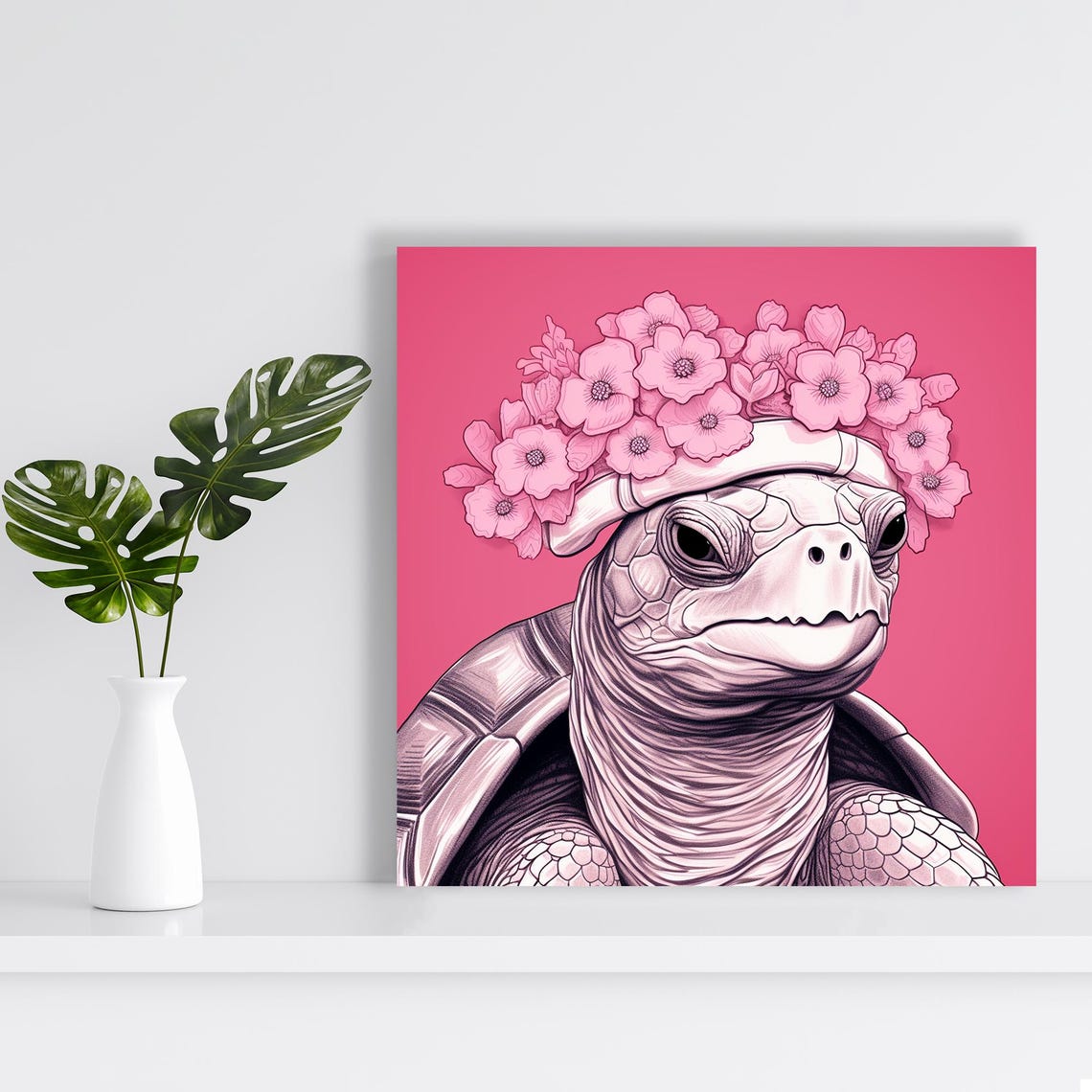 Smiling Tortoise With Pink Blossom Crown Monochrome Pink Art Poster - Image 2