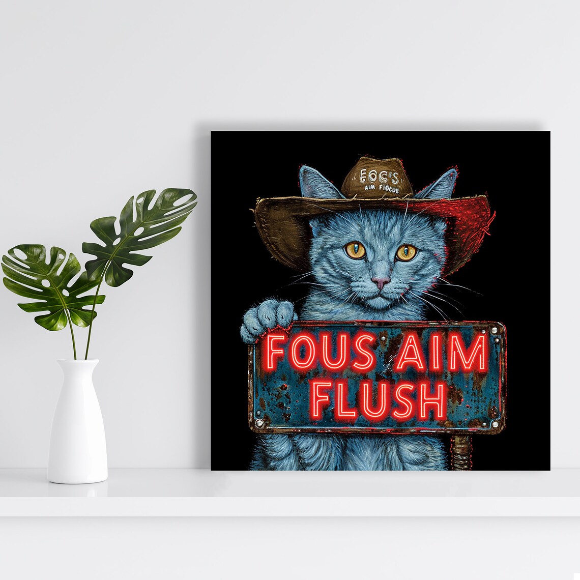 Cowboy Cat Holding Neon Fous Aim Flush Sign Humorous Pop Art Style Poster - Image 2