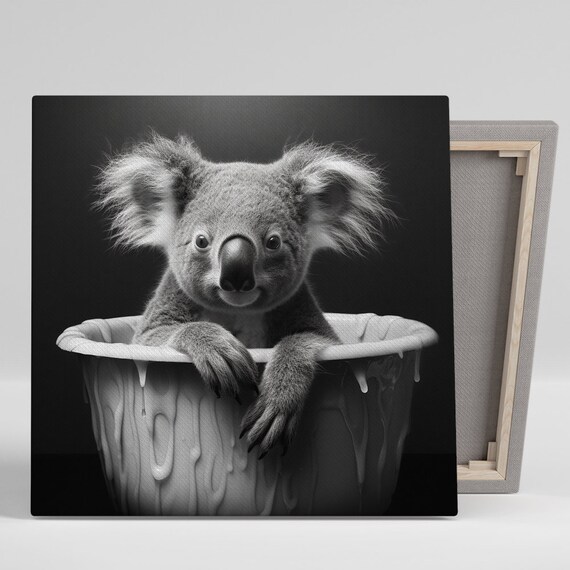 Koala In Bathtub Black White Minimalist Animal Wall Art Poster