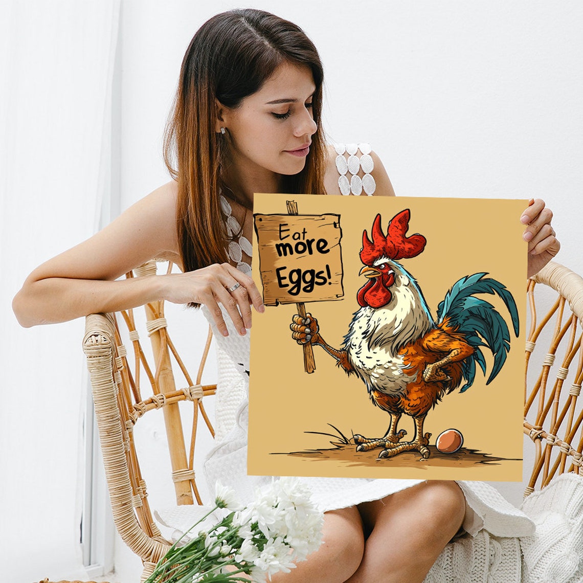 Funny Rooster Eat More Eggs Sign Whimsical Farmhouse Kitchen Poster - Image 3