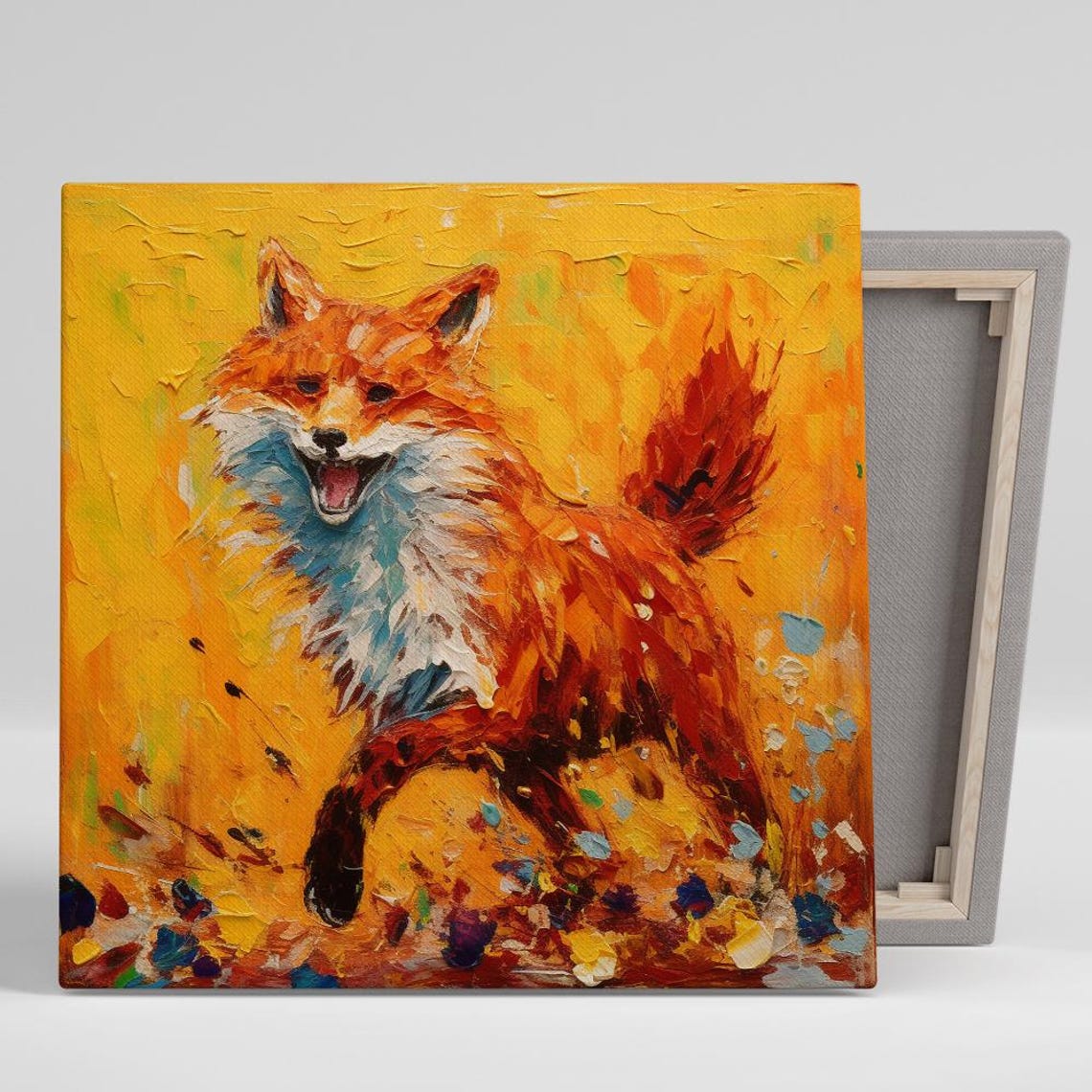 Joyful Fox Running Impasto Painting Orange Yellow Wild Wall Poster
