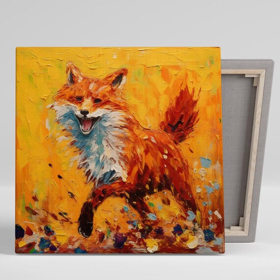 Joyful Fox Running Impasto Painting Orange Yellow Wild Wall Poster
