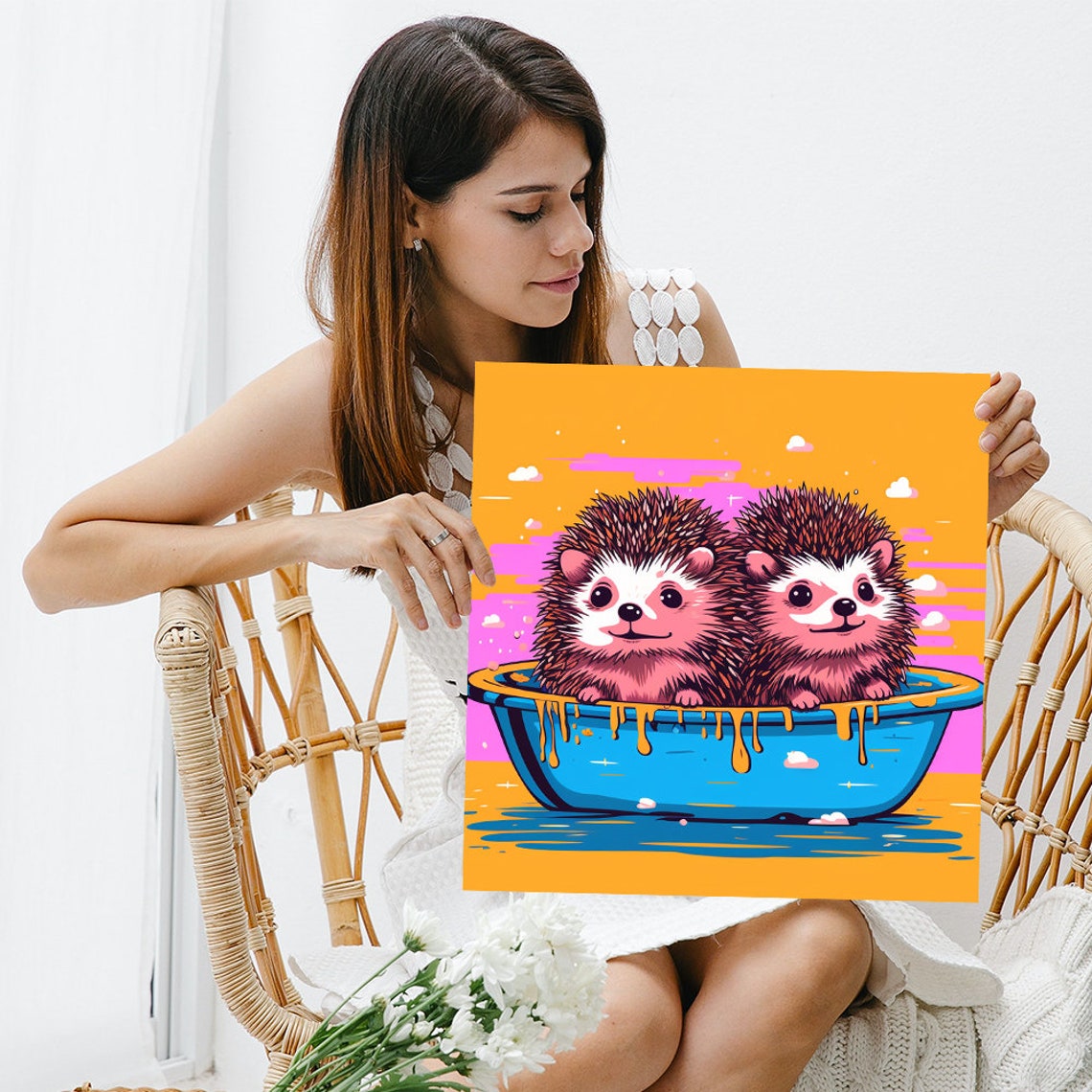 Cute Hedgehog Duo Bathing in Blue Tub Sunset Pop Art Bathroom Poster - Image 3