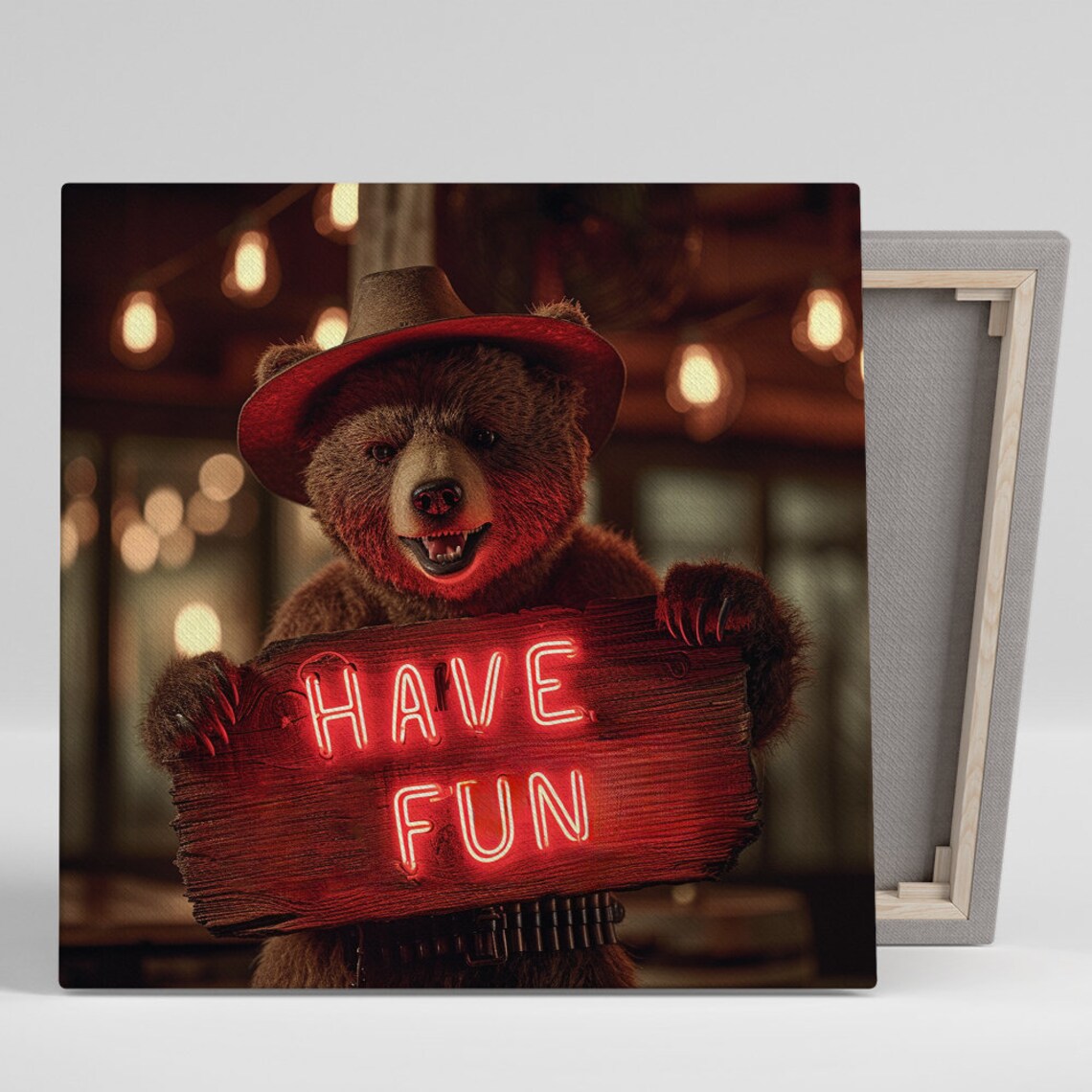 Neon Have Fun Sign Smiling Cowboy Bear Bar Room Funny Animal Poster
