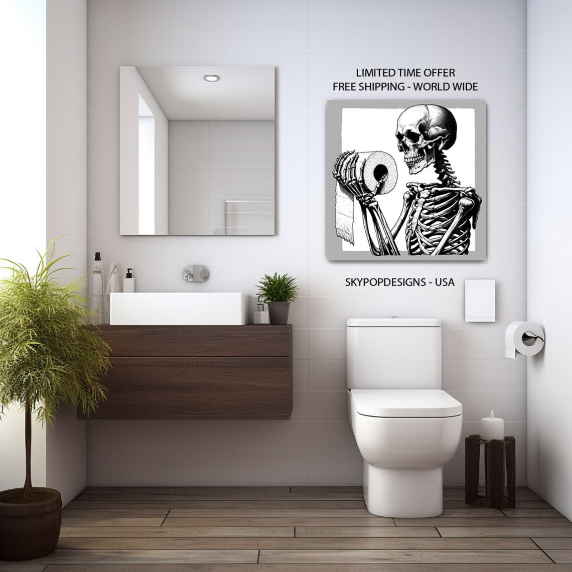 Skeleton Holding A Toilet Paper Roll Detailed Gothic Sketch Funny Bathroom Poster - Image 3