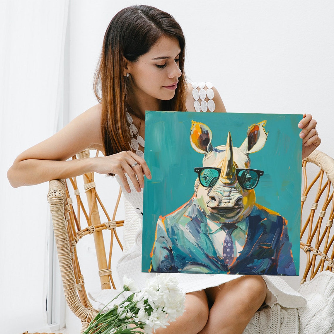 Coolest Rhino In Town Suit Sunglasses Pop Art Teal Office Wall Poster - Image 3