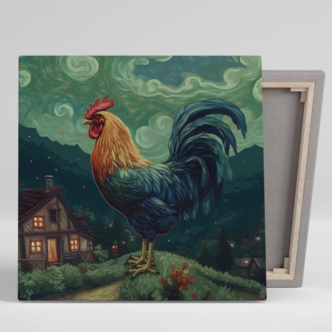 Rooster Under Swirling Starry Night Sky Village Scene Animal Poster