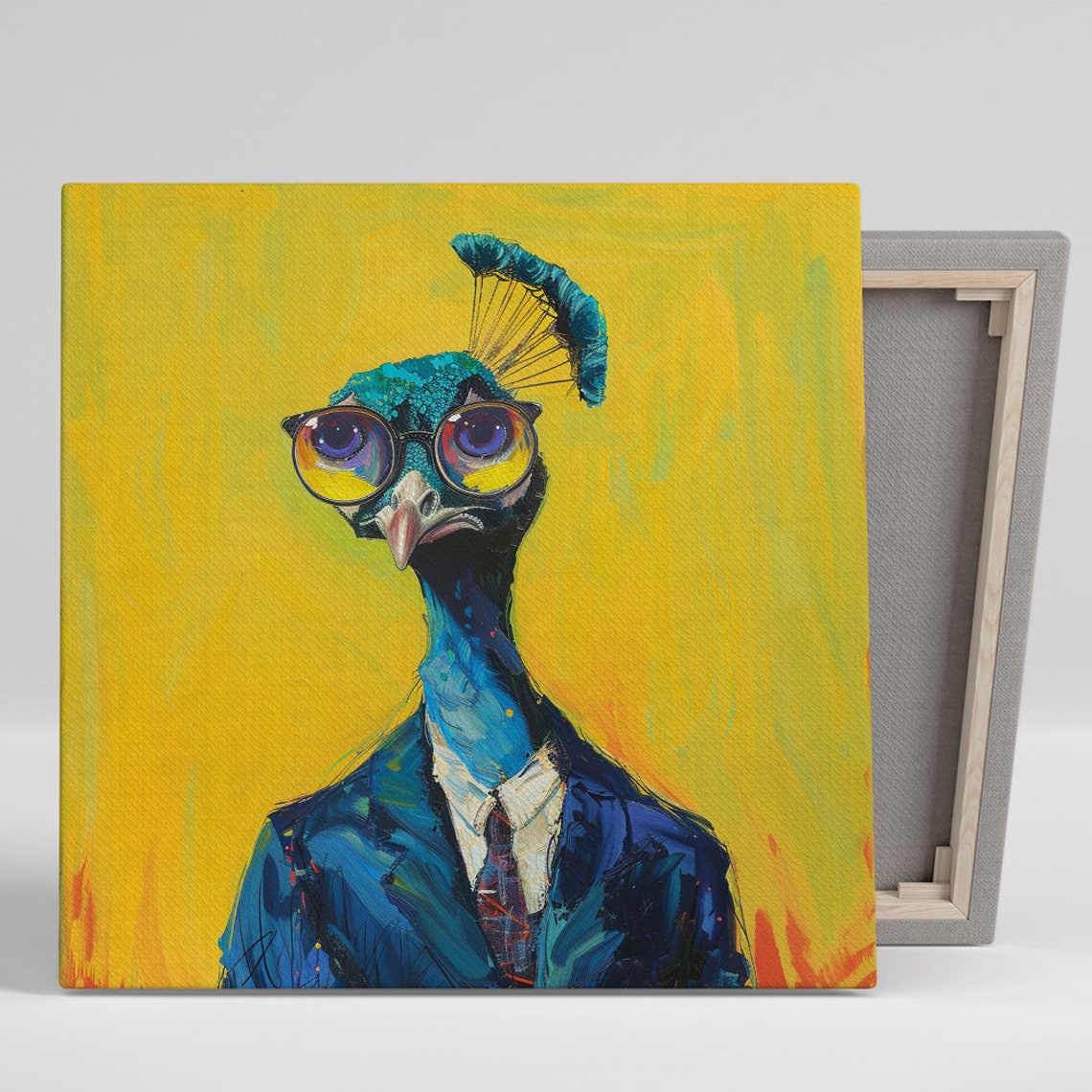 Dapper Peacock Suit Glasses Executive Portrait Mustard Wall Poster