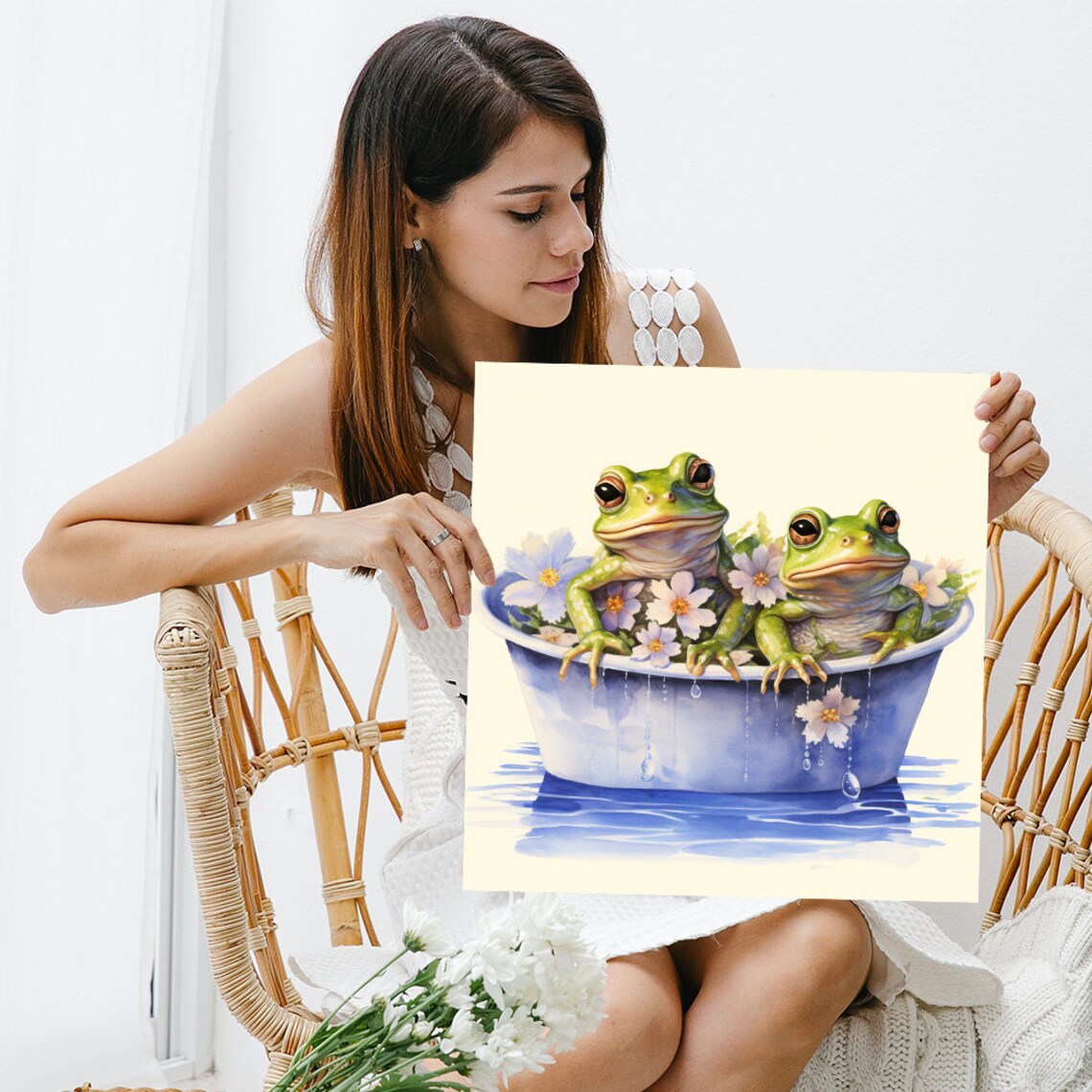 Froggy Flower Bath Art Print, Whimsical Rustic Decor - Image 3
