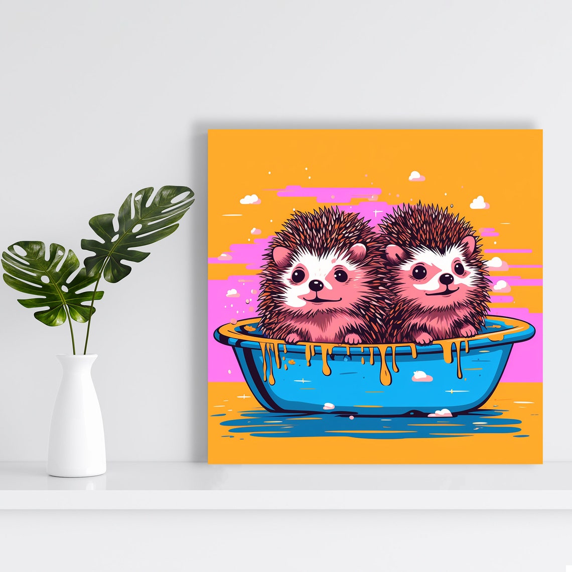 Cute Hedgehog Duo Bathing in Blue Tub Sunset Pop Art Bathroom Poster - Image 2
