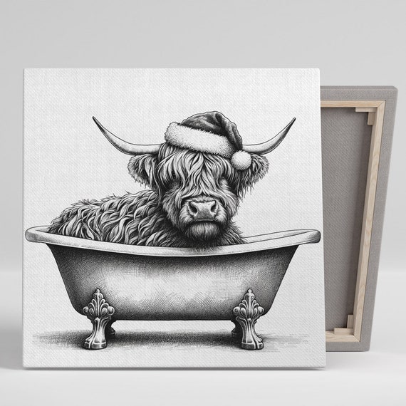 Christmas Highland Cow in Bathtub, Bathroom Art Print
