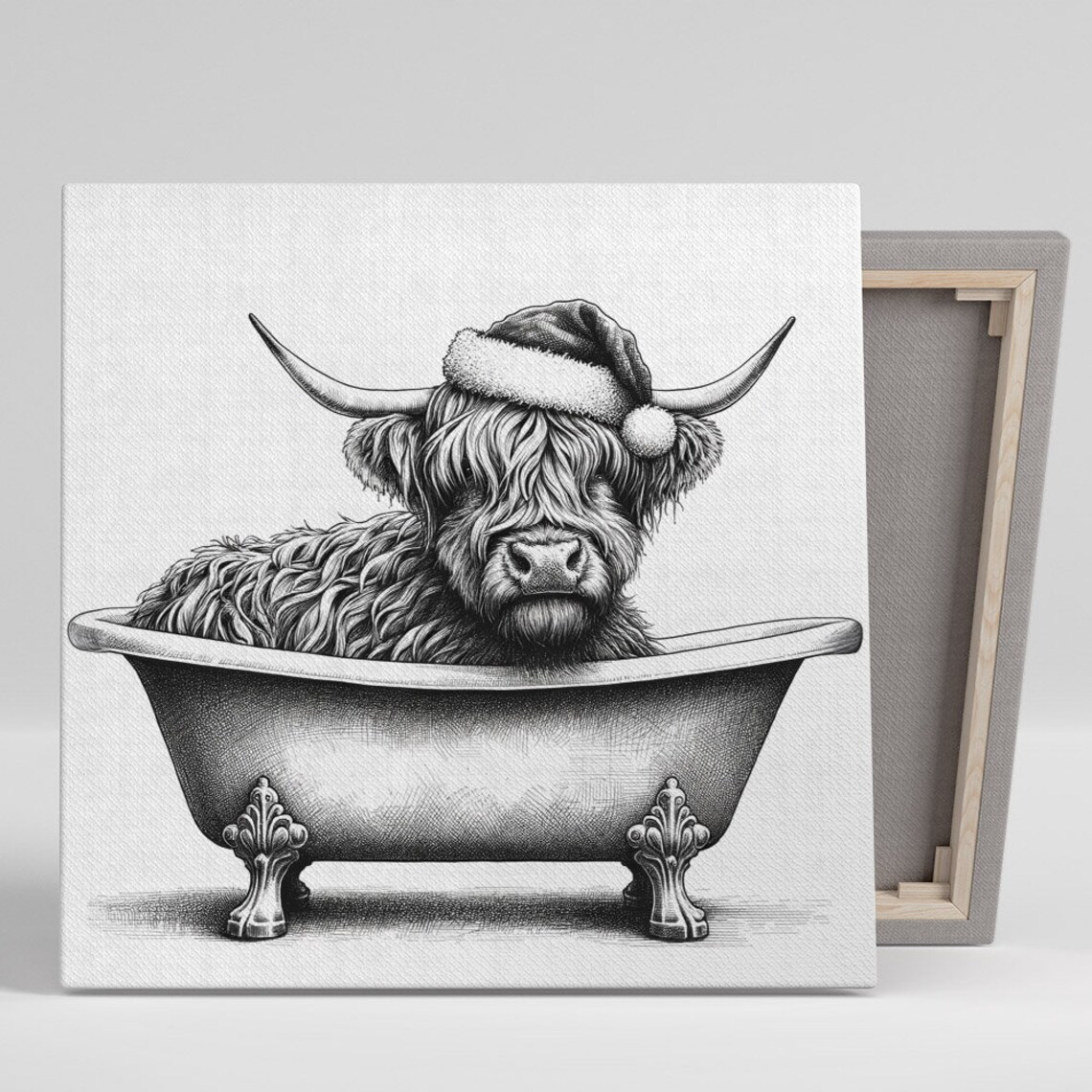 Christmas Highland Cow in Bathtub, Bathroom Art Print