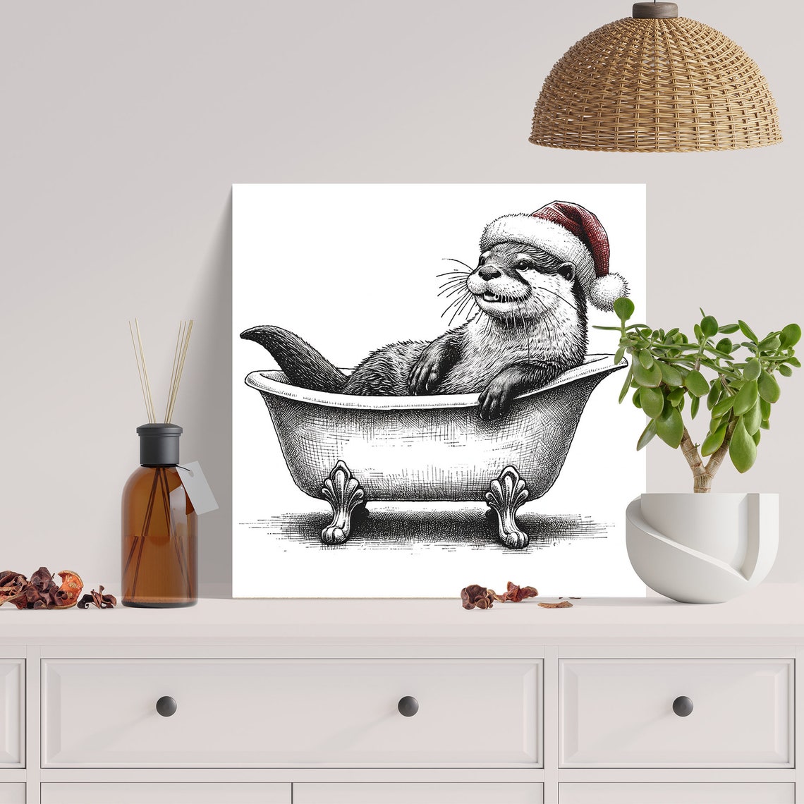 Christmas Otter In Santa Hat Vintage Bathtub Sketch Wall Art Poster - Image 2
