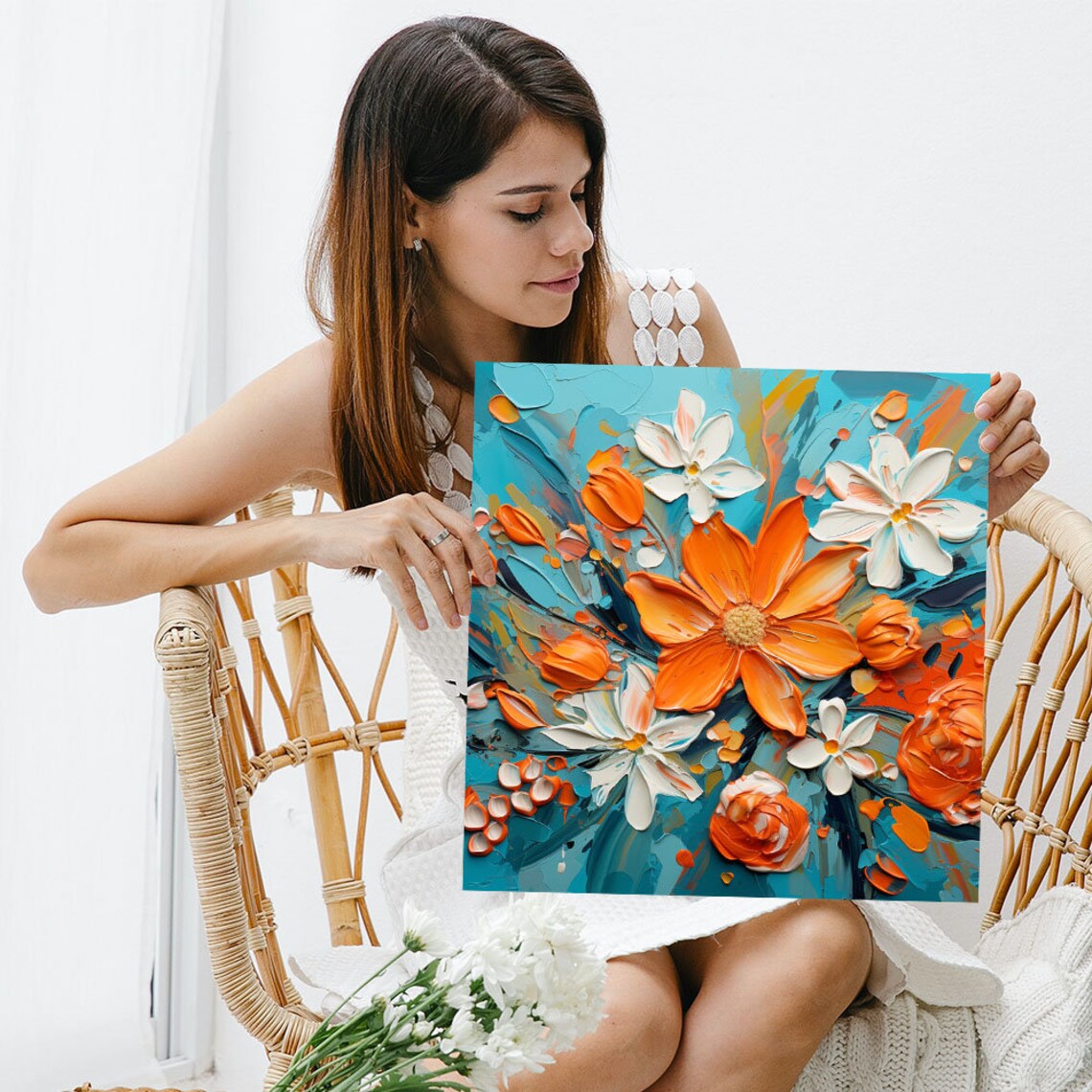 Orange And White Floral Art Print, Living Room Decor - Image 5