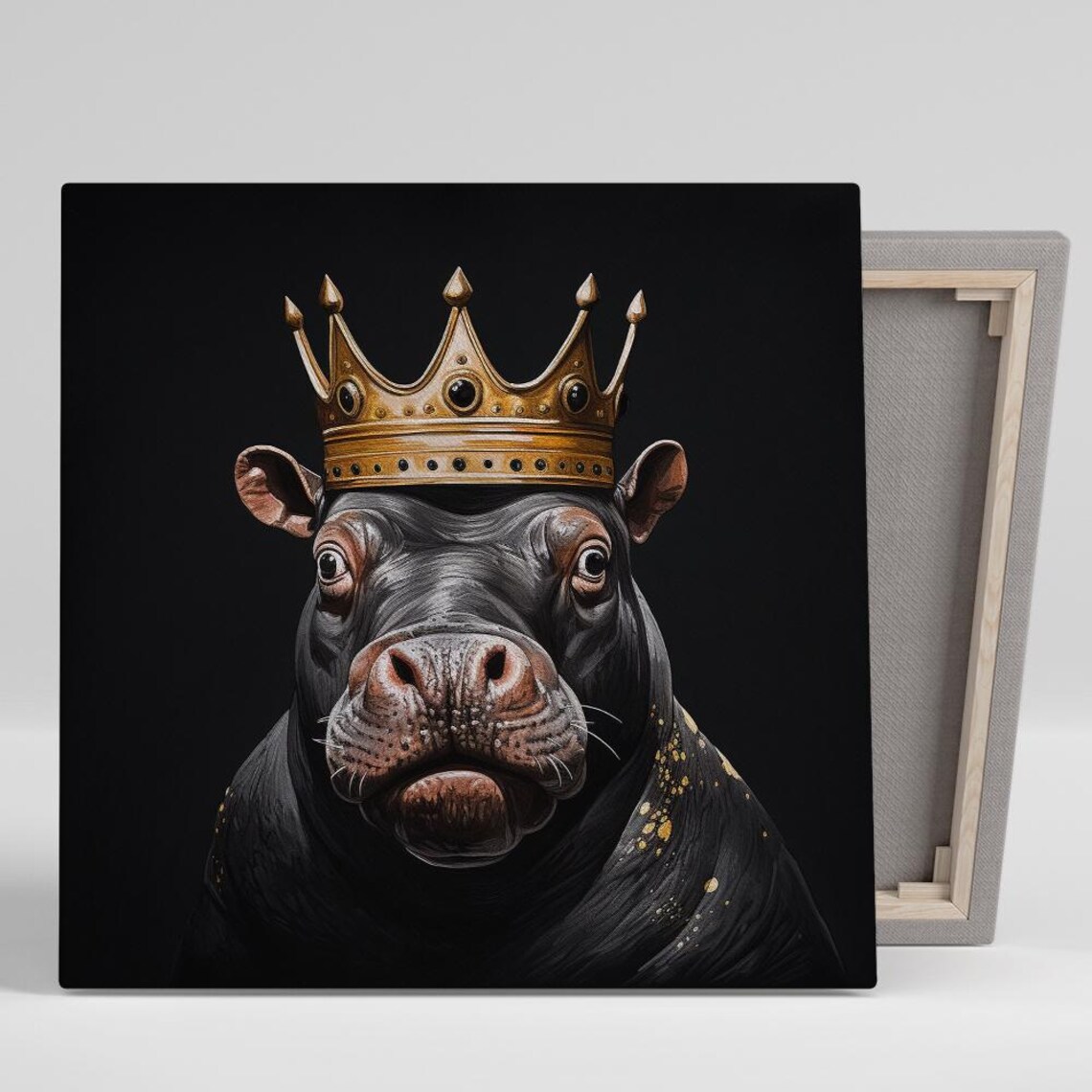 Regal Hippo King Gold Crown Black Background Majestic Glam Animal Wall Art Poster