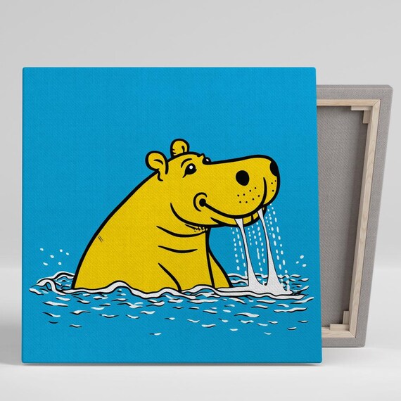 Yellow Cartoon Hippo Splashing In Bright Blue Water Pop Poster