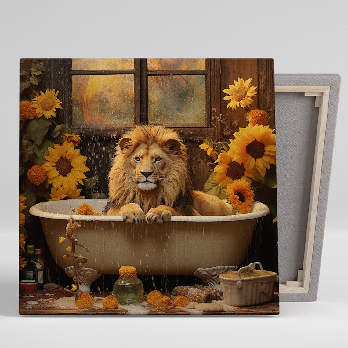 Whimsical Lion in Vintage Bathtub Among Golden Sunflowers Poster