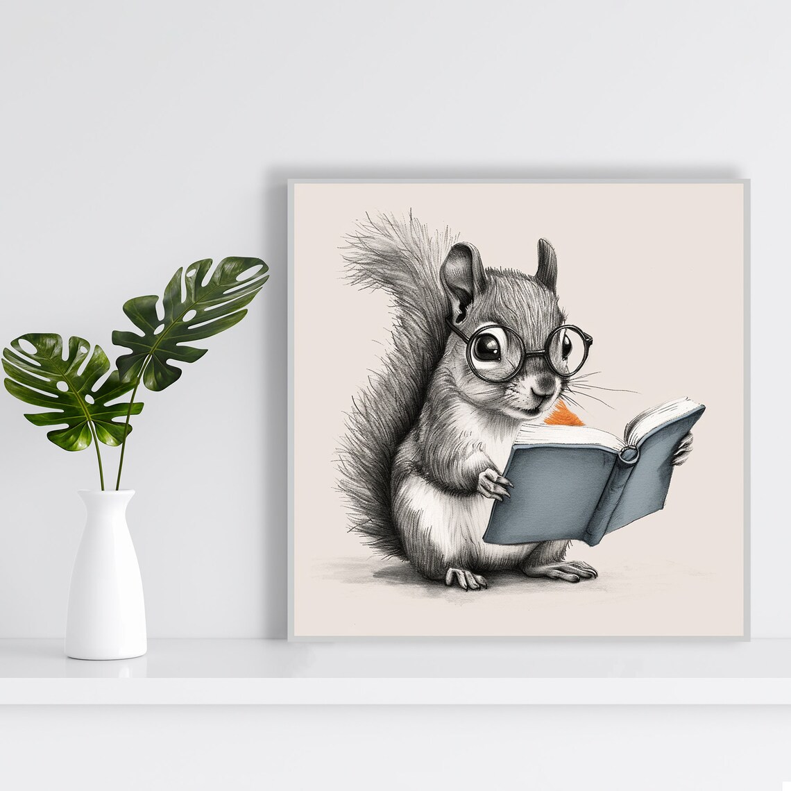 Scholarly Squirrel With Round Glasses Reading Book Vintage Sketch Style Poster - Image 2