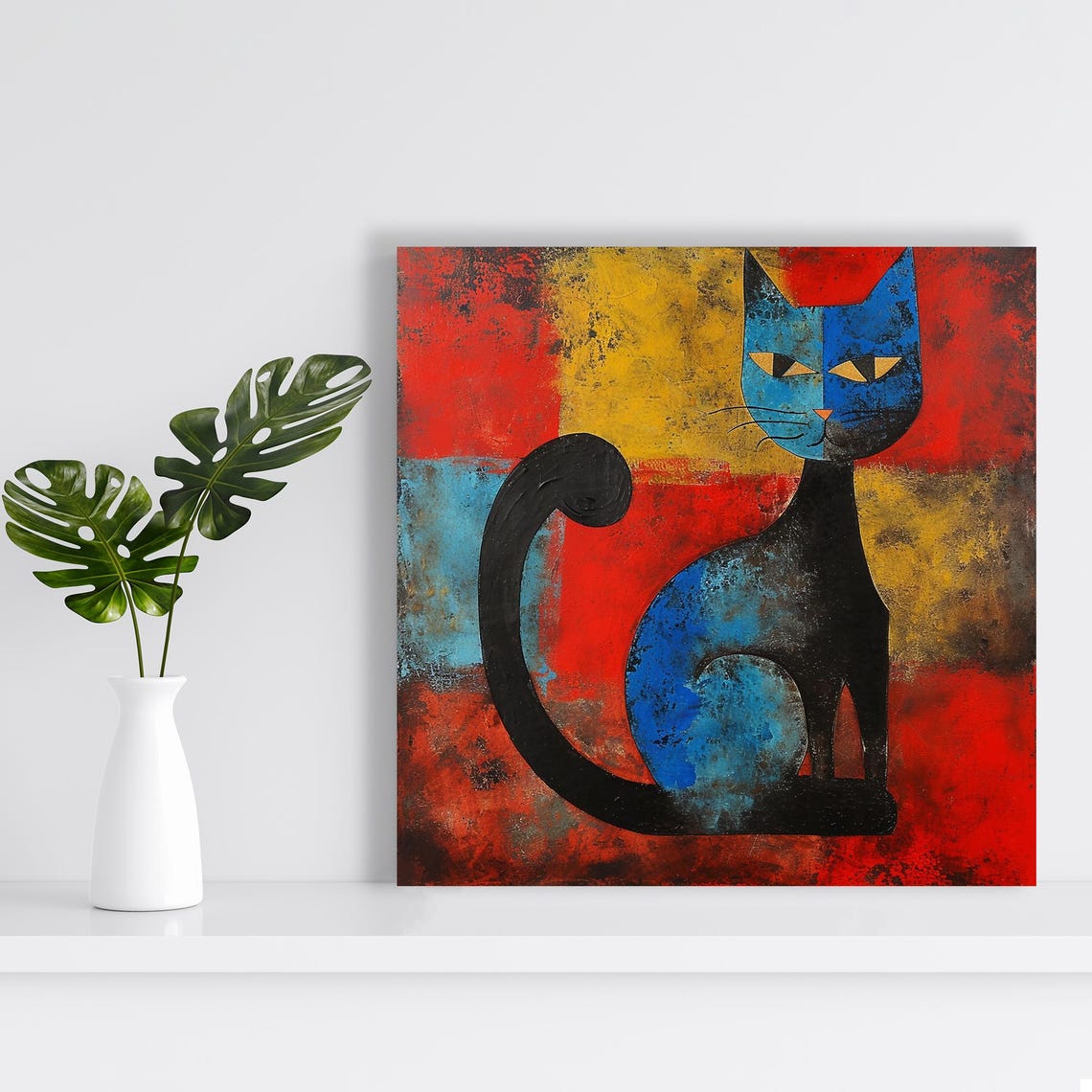 Abstract Cubist Cat in Bold Red Blue Modern Feline Portrait Poster - Image 2