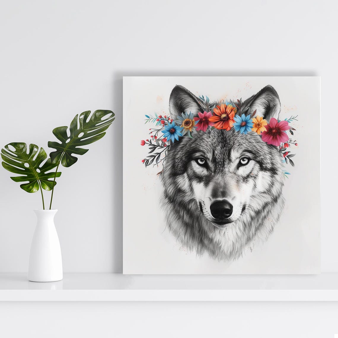 Wolf With Colorful Flower Crown Sketch Style Animal Wall Art Poster - Image 2