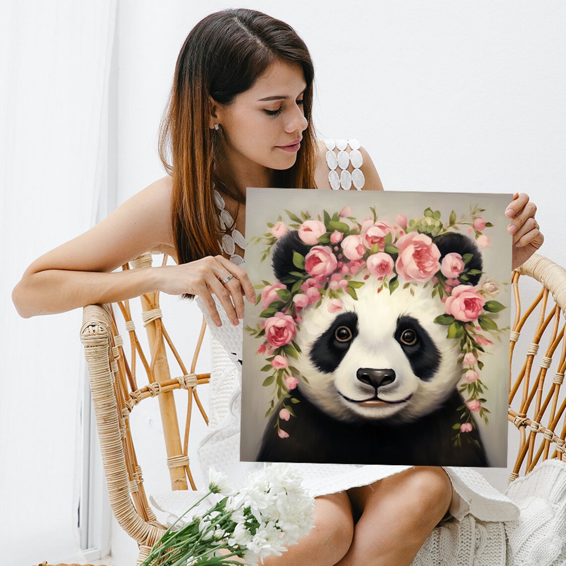 Panda With Pink Floral Crown Poster Cute Baby Panda Roses Nursery Wall Art - Image 3