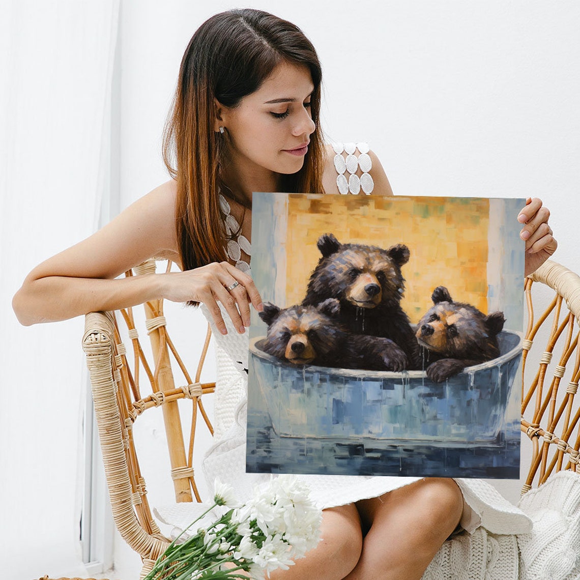 Three Cute Bears Bath Time Funny Blue Bathroom Animal Canvas Poster - Image 5