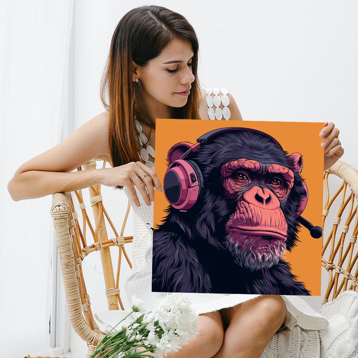 Chimpanzee Wearing Pink Headphones Orange Background Music Pop Poster - Image 3