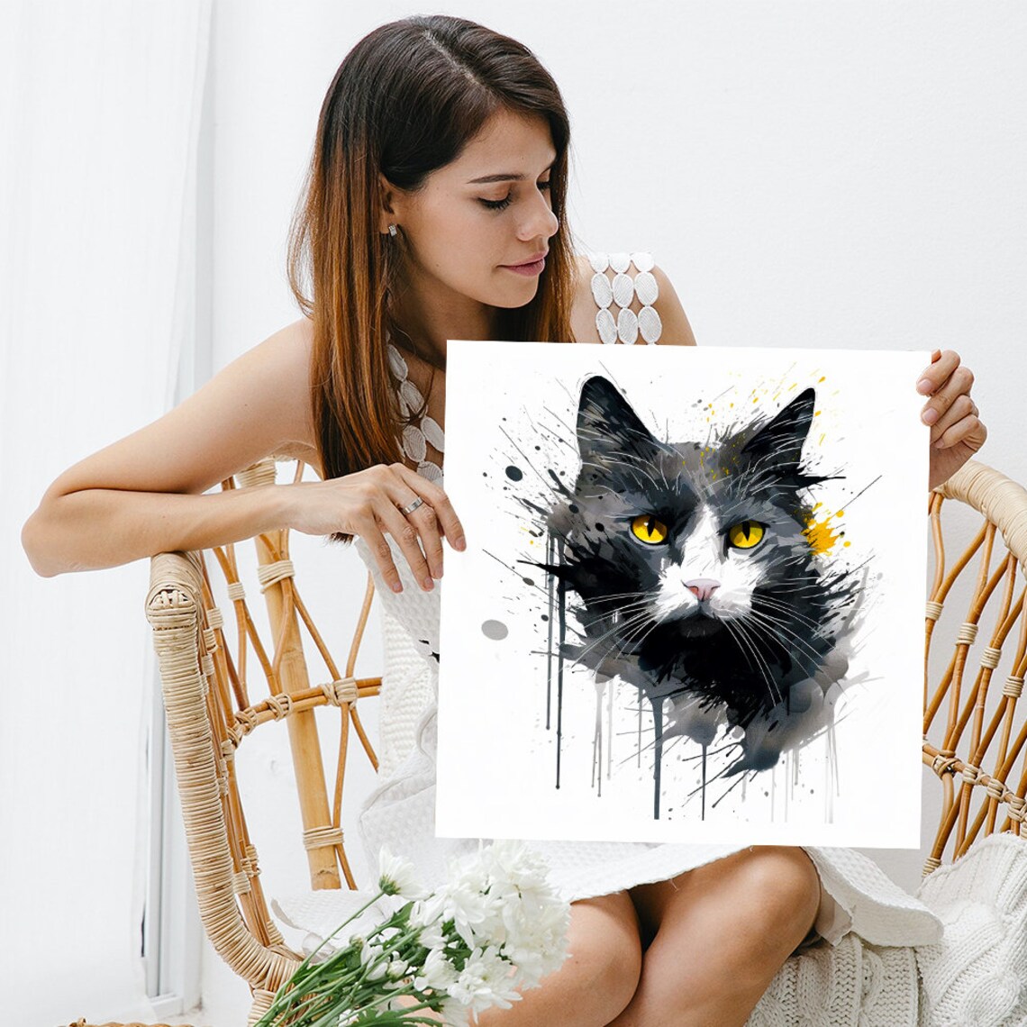 Intense Cat Yellow Eyes Black Grey Watercolor Splatter Dramatic Wall Art - Image 3