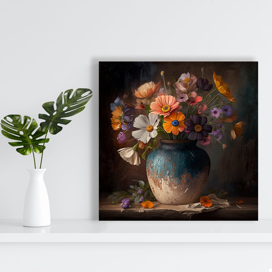 Peach Cosmos Poppy Bouquet Blue Ceramic Vase Dark Moody Floral Poster - Image 2