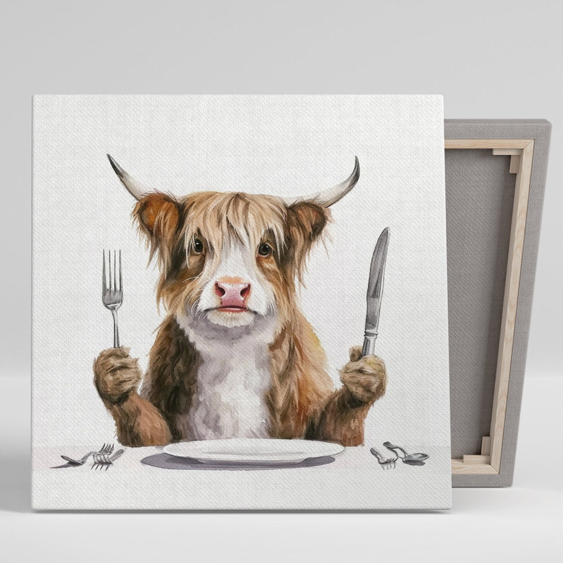 Highland Cow Holding Fork and Knife Funny Farmhouse Kitchen Poster