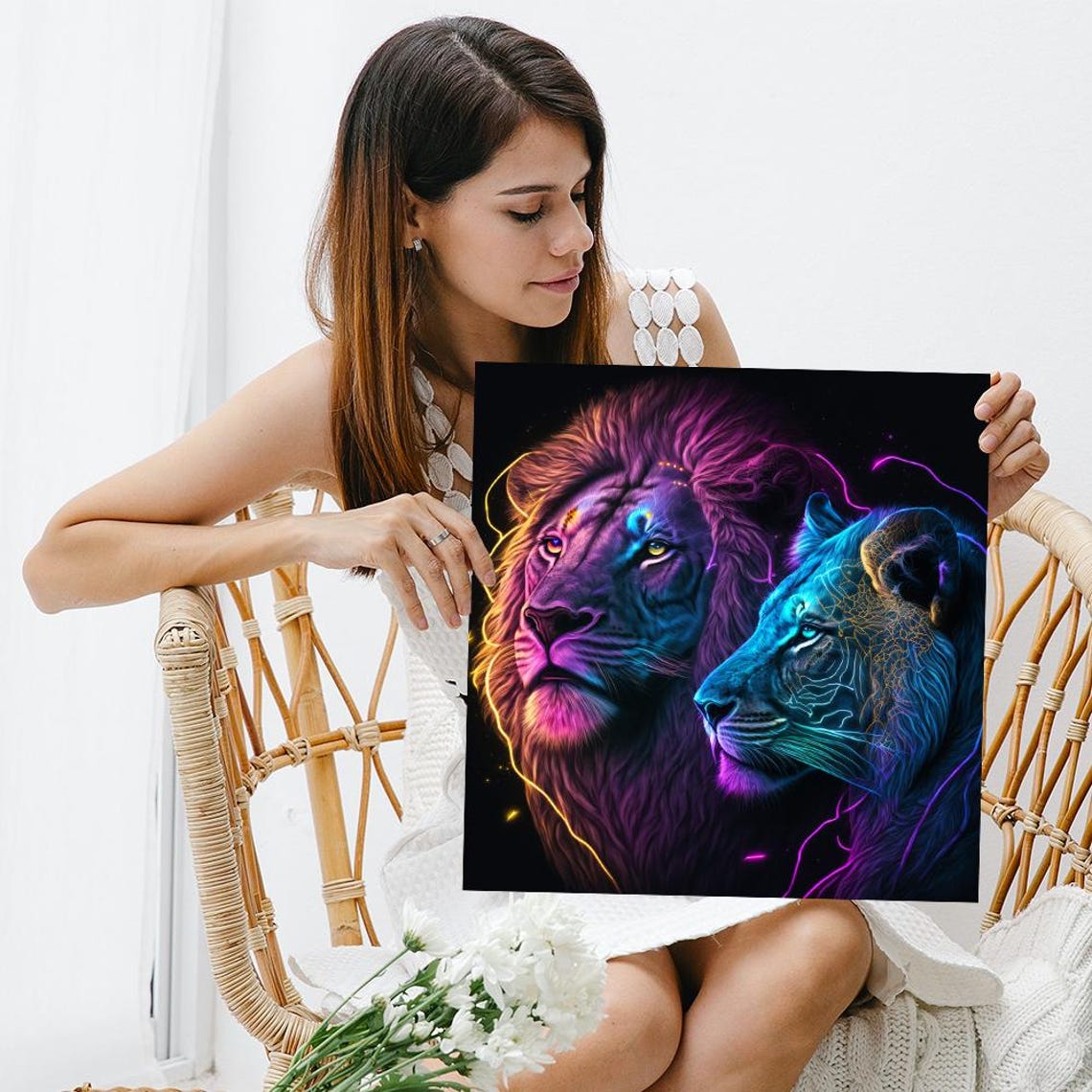 Neon Cosmic Lion And Lioness Pair Glowing On Black Art Poster - Image 3
