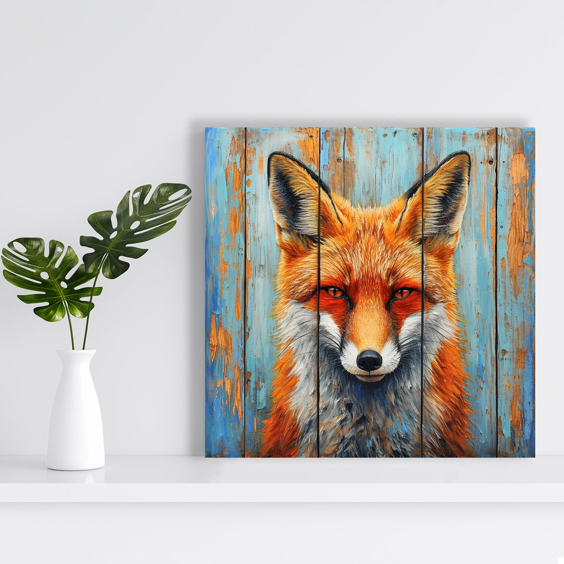Red Fox Portrait Rustic Blue Wooden Planks Distressed Barnwood Art Poster - Image 2