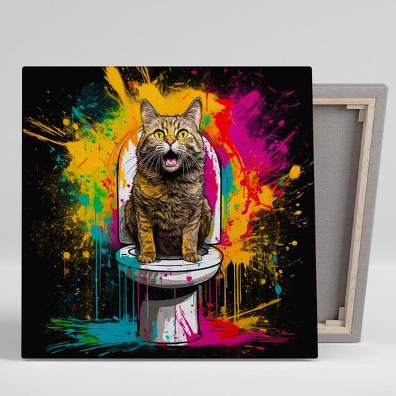 Loud Cat On Toilet Neon Paint Splash Funny Bathroom Pop Art Poster
