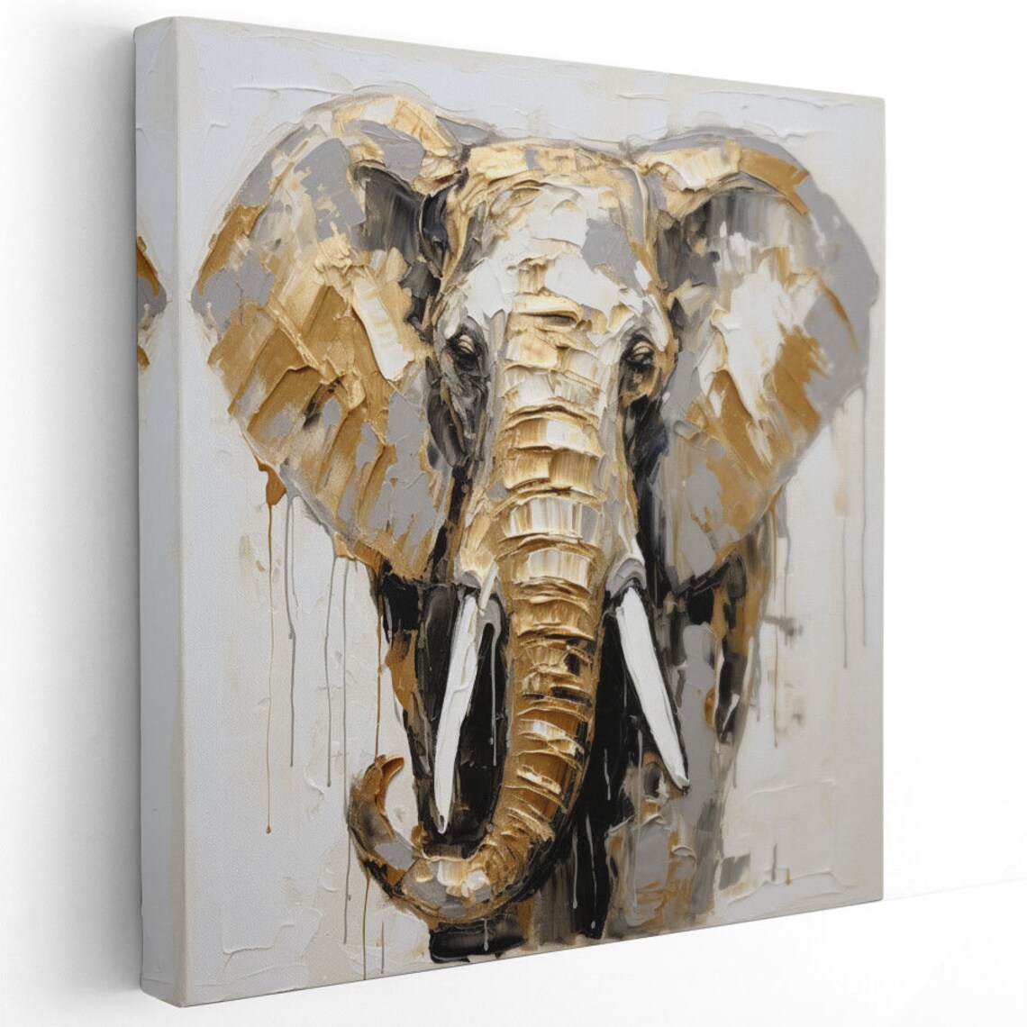Elephant Portrait White And Gold Elegant Wildlife Impasto Canvas Poster - Image 2