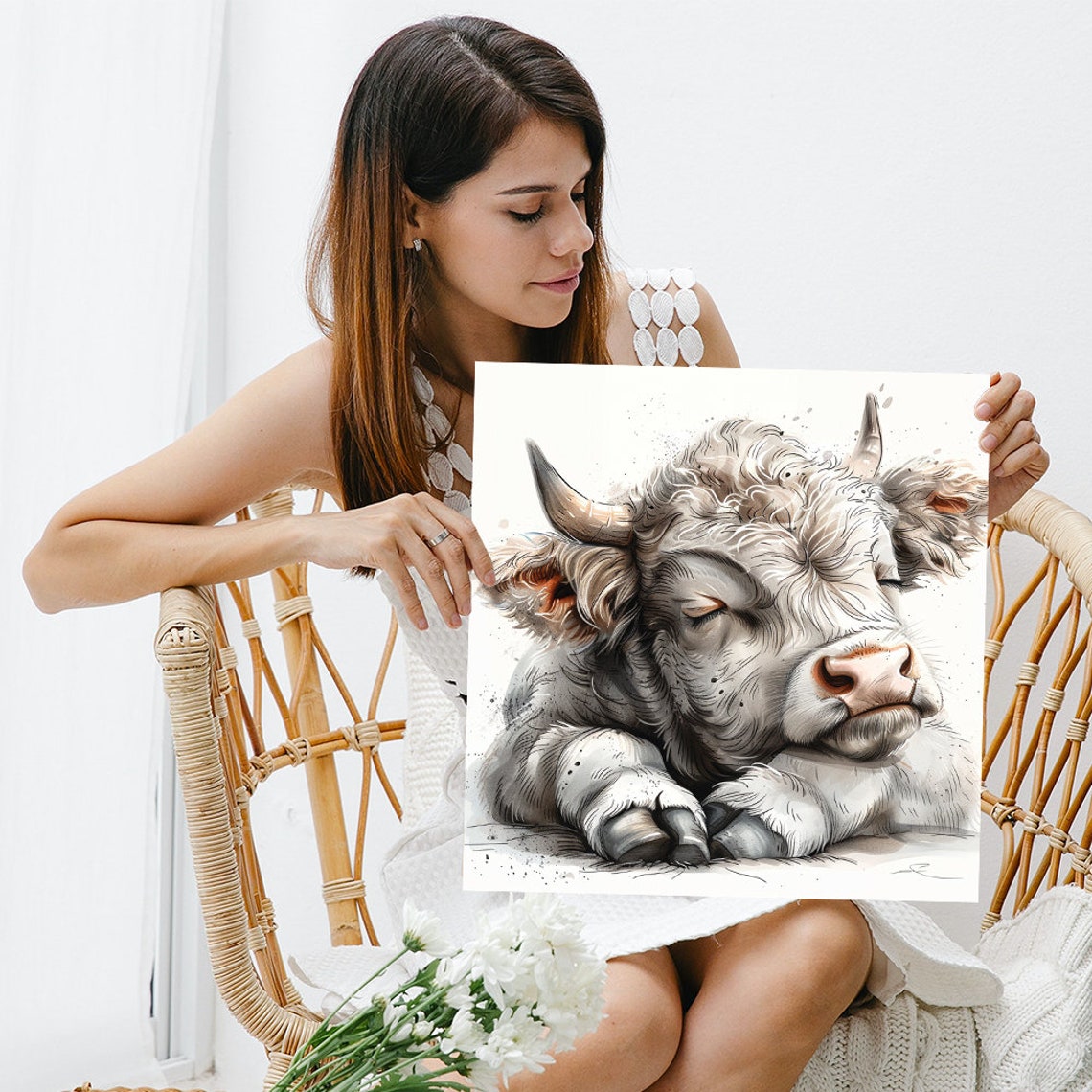 Sleeping Fluffy Highland Cow Watercolor Cozy Farm Wall Poster - Image 3