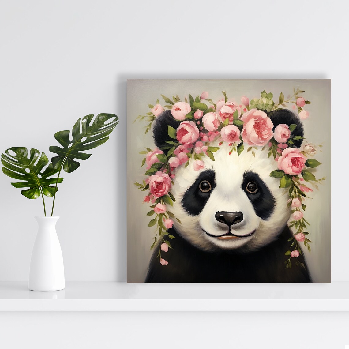 Panda With Pink Floral Crown Poster Cute Baby Panda Roses Nursery Wall Art - Image 2