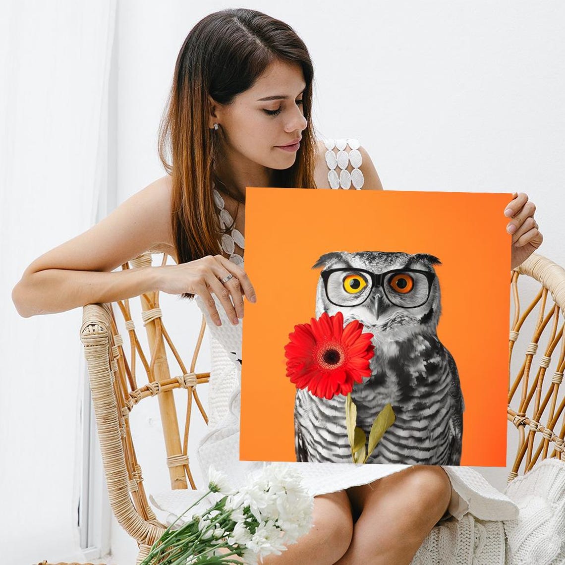 Owl In Glasses Holding Red Flower On Bold Orange Background Poster - Image 3
