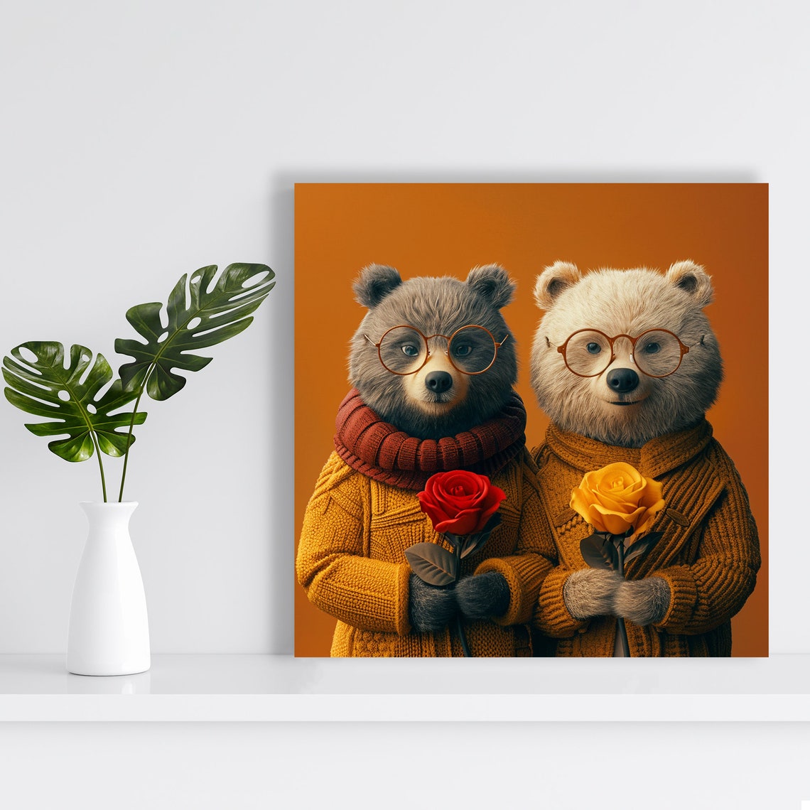 Bear Couple Glasses Poster Roses Cozy Knit Sweater Whimsical Decor - Image 2