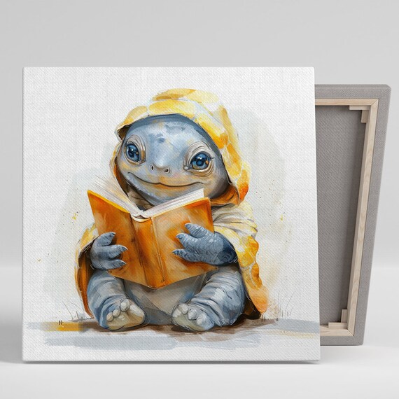 Turtle Bookworm Wall Art Or Poster Whimsical Minimalist Decor Childrens Nursery Living Room Office Wall Art Blue Yellow Orange