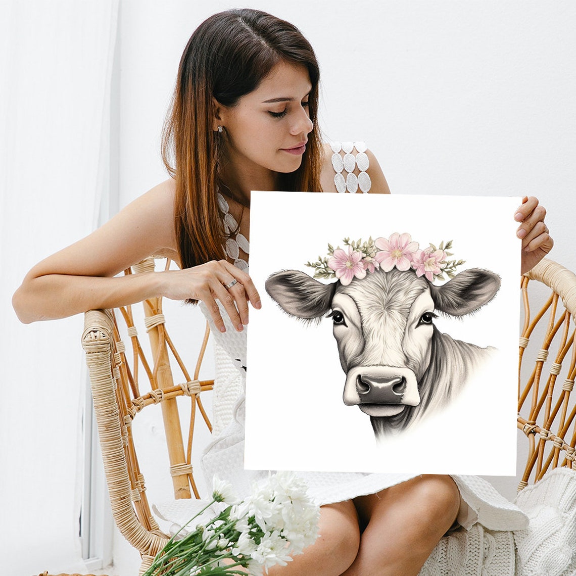 Cow With Pink Flower Crown Farmhouse Black White Portrait Wall Art - Image 3