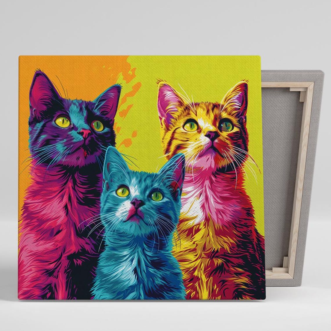 Vibrant Cat Trio Pop Art Neon Pink Teal Yellow Bold Feline Poster