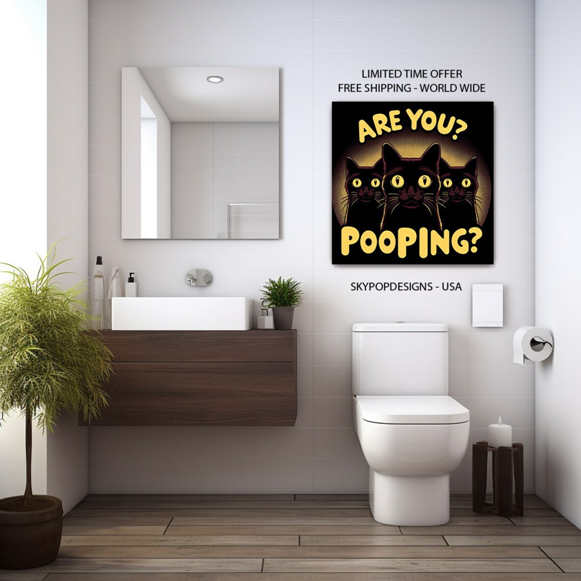 Black Cats Bathroom Humor, Funny Animal Art Print - Image 3