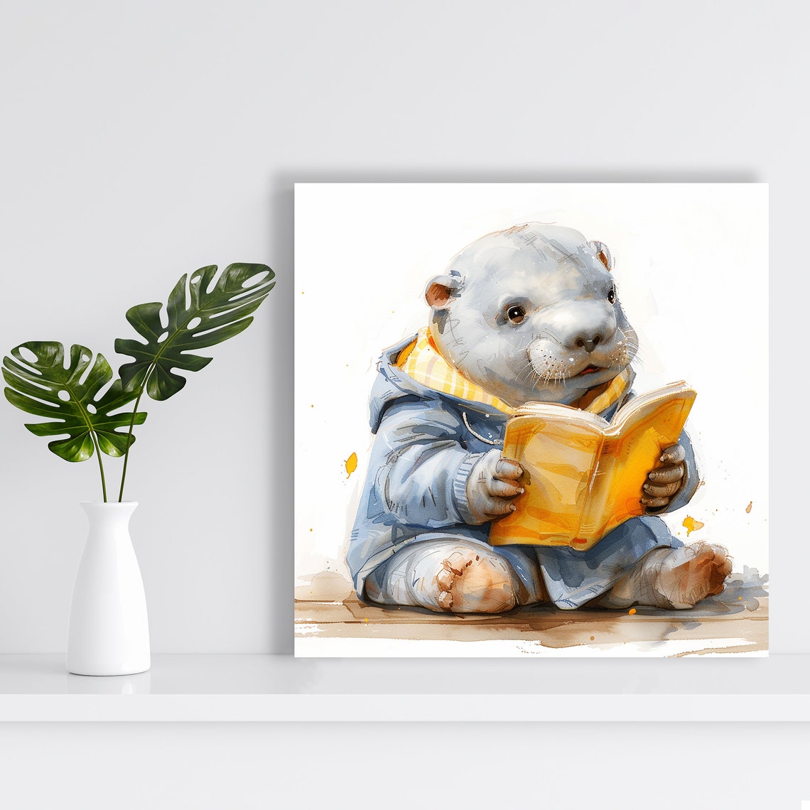 Studious Polar Bear Art Or Poster Whimsical Minimalist Decor Childrens Room Nursery Library Office Wall Art Yellow Blue Grey - Image 2