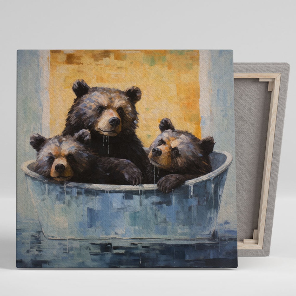 Three Cute Bears Bath Time Funny Blue Bathroom Animal Canvas Poster