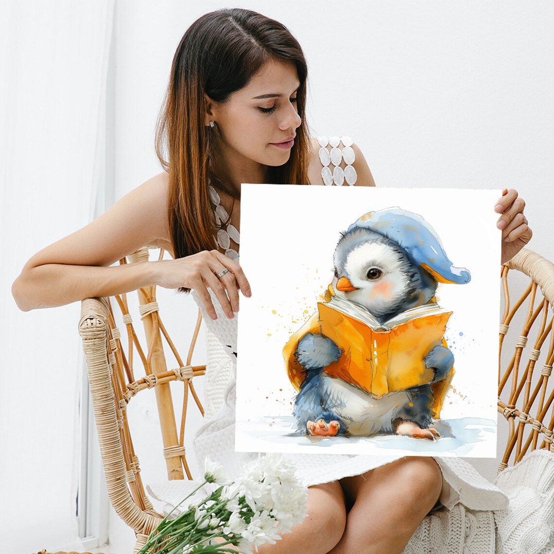 Baby Penguin Reading Orange Book In Blue Nightcap Cute Nursery Wall Poster - Image 3