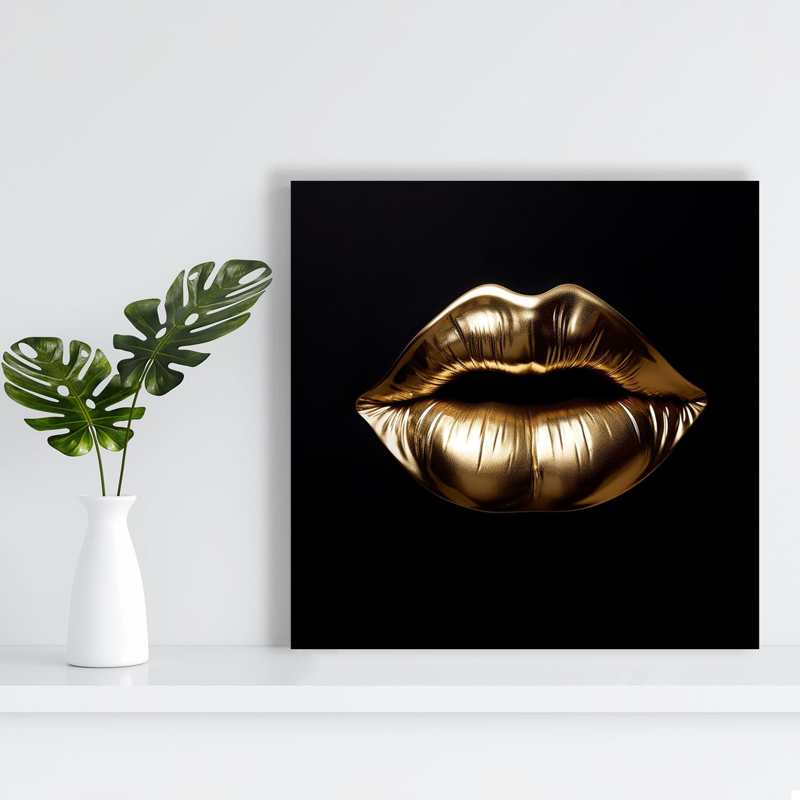 Golden Metallic Lips Black Background Glamour Modern Art Poster - Image 2