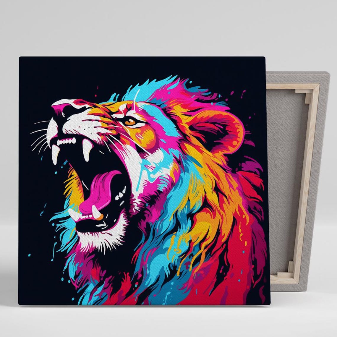 Roaring Lion Neon Pop Style Vivid Pink Blue Mane Wild Animal Poster
