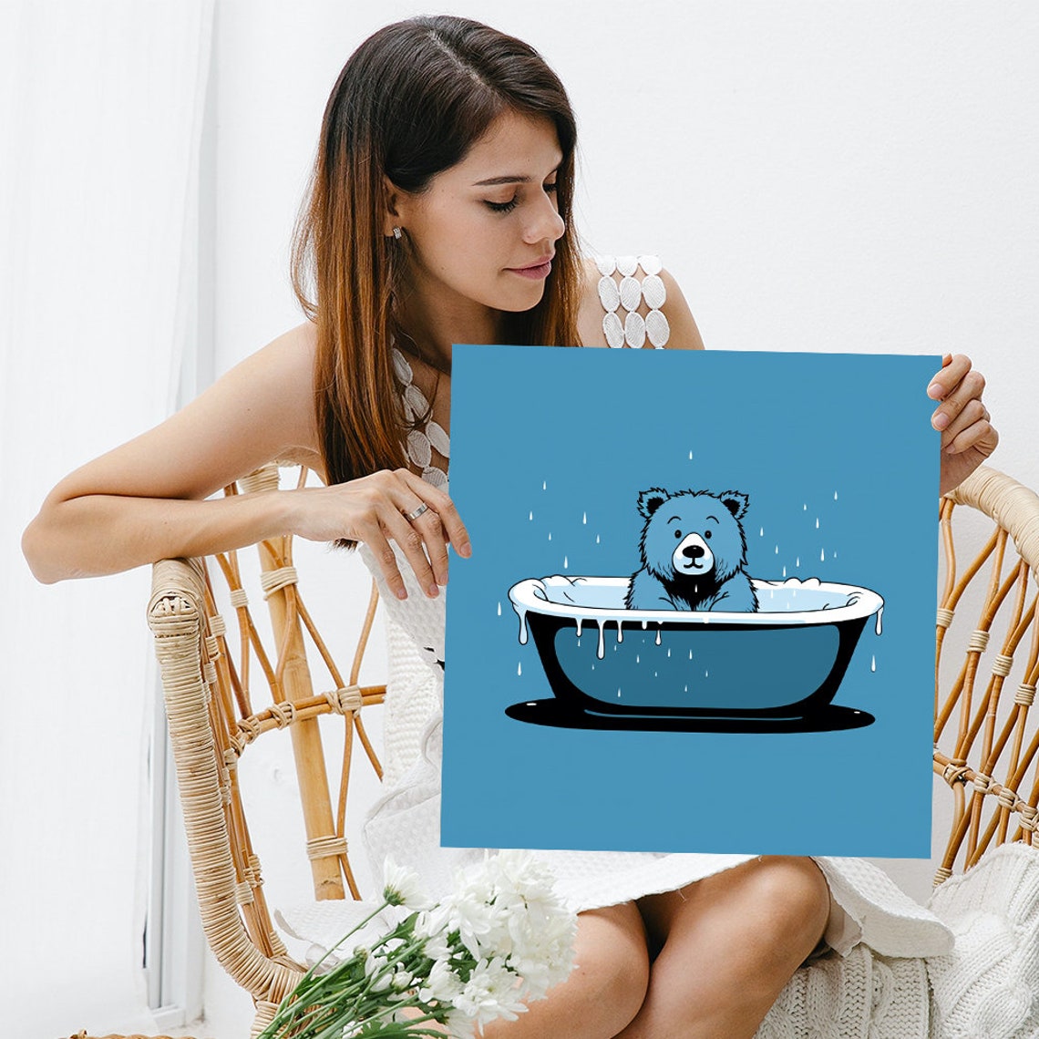 Bear in Bathtub Minimalist Blue Splatter Fun Whimsical Bathroom Poster - Image 3