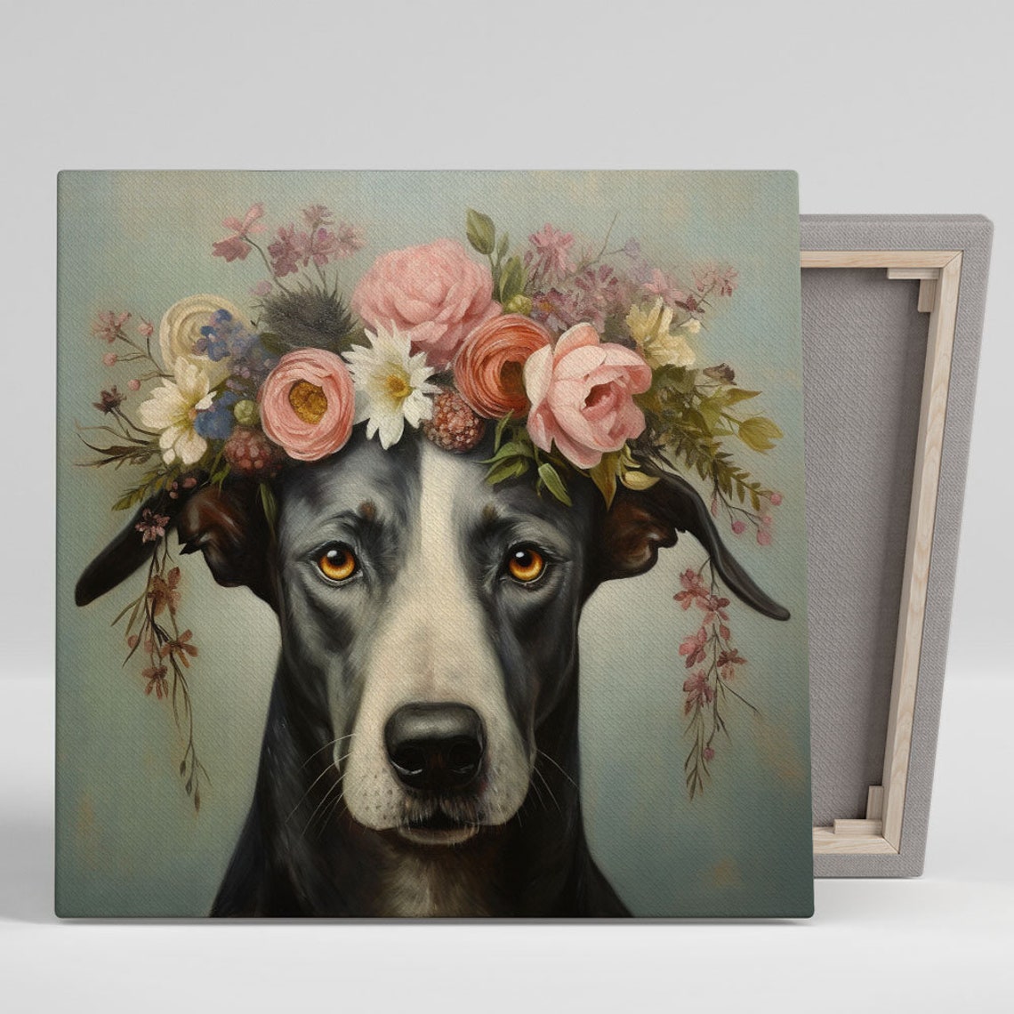 Floral Dog Wall Art Or Poster Dog Artwork Dog With Flower Art Floral Dog Animal Art Whimsical Wall Art Pet Lovers